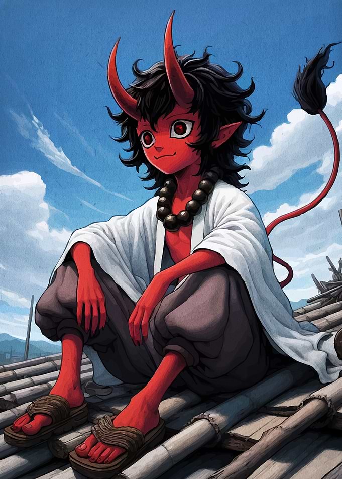 Red Oni Character Sitting on Rooftop