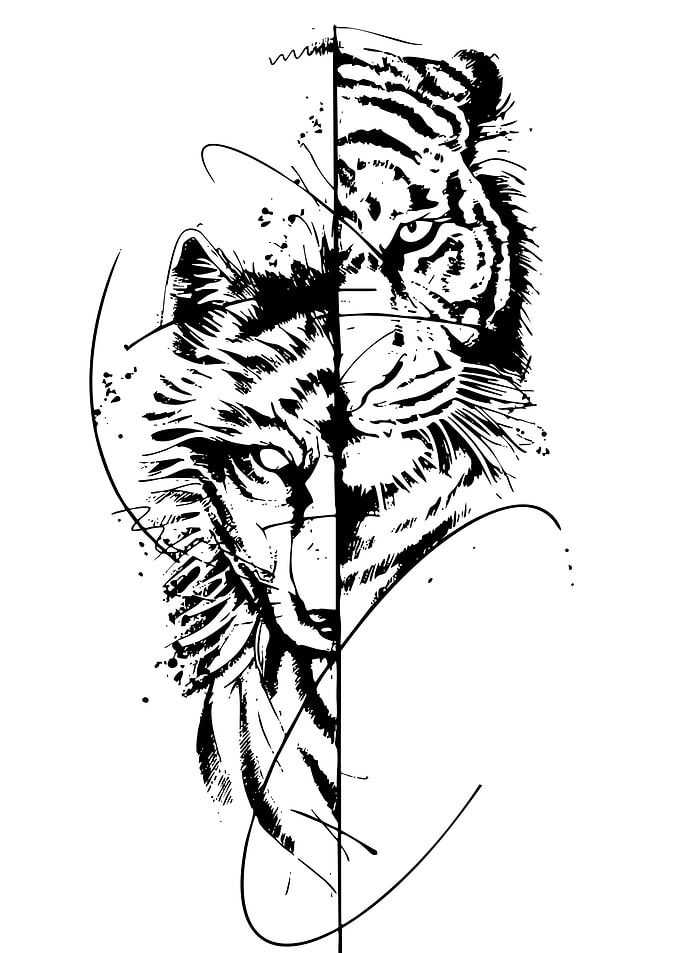Split Tiger and Wolf Face