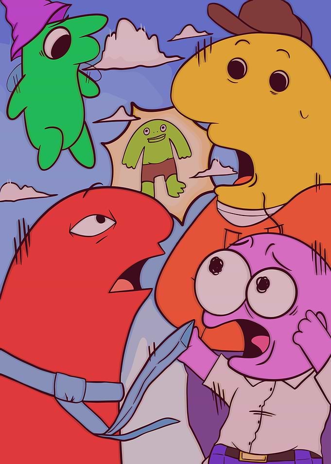 Smiling Friends Cartoon characters in a chaotic scene
