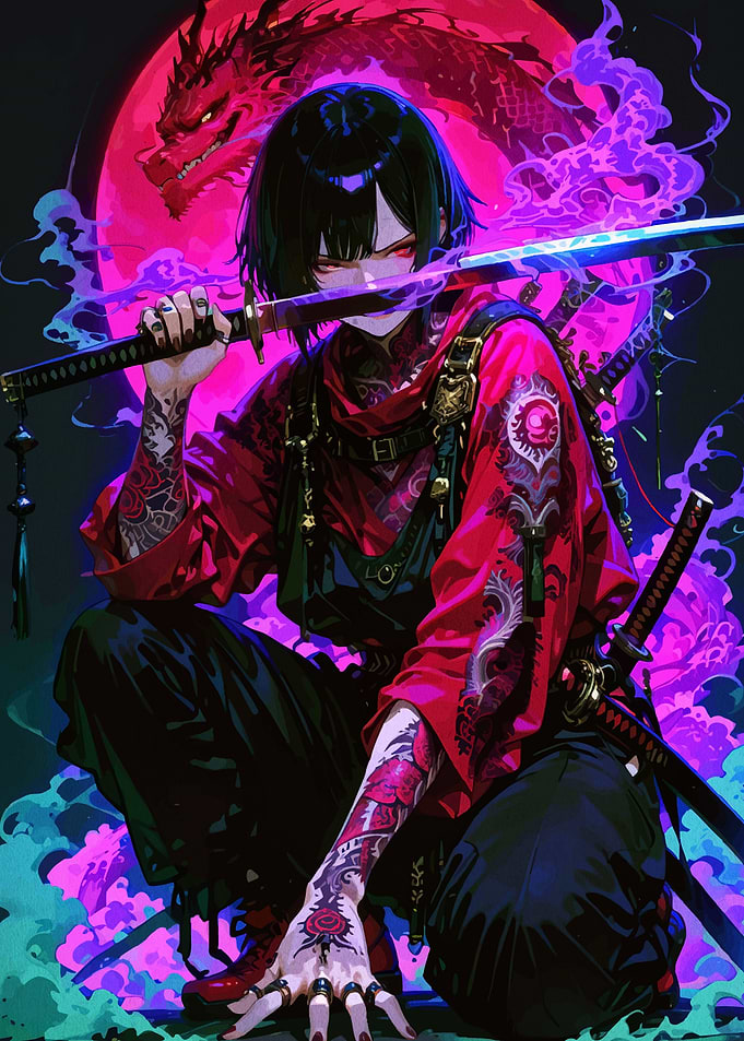 Anime Samurai with Dragon and Katana