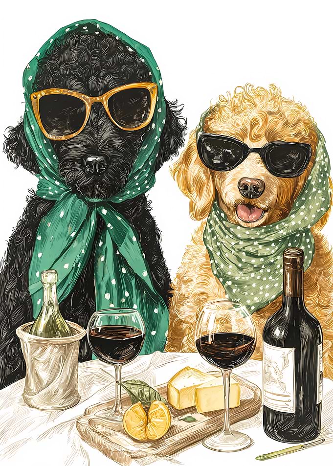 Stylish Dogs Enjoying Wine and Cheese