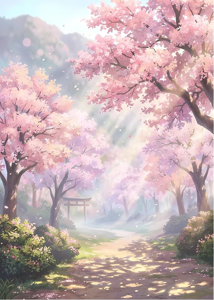 Sakura Blossom Path with Torii Gate