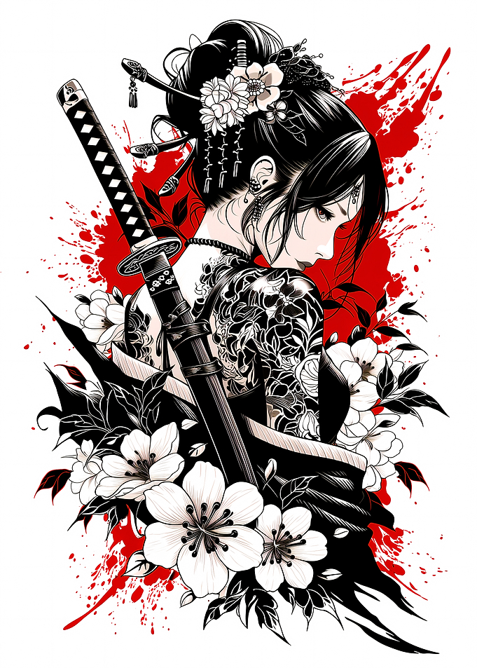 Geisha with Katana and Flowers