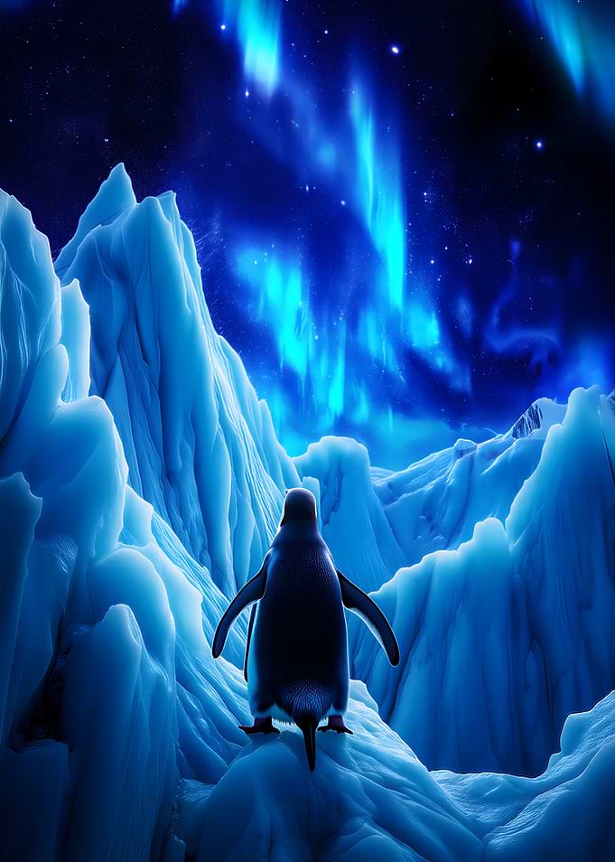Penguin Under Aurora Borealis