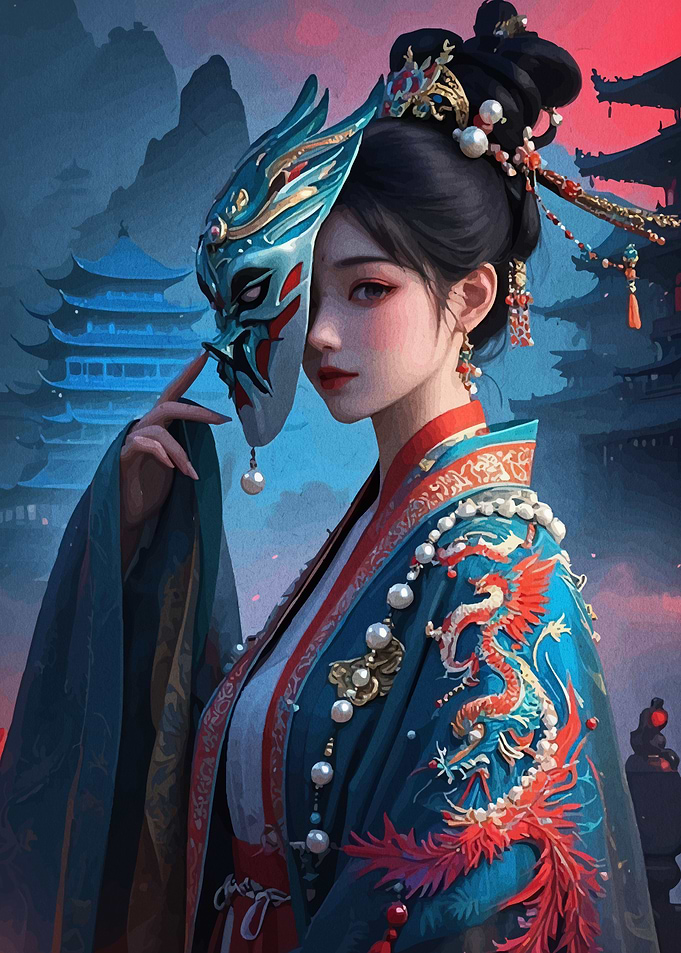 Woman in Traditional Asian Attire with Mask