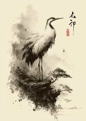 Ink Wash Crane on Cliff