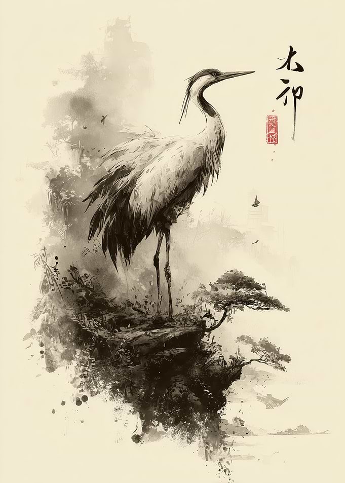 Ink Wash Crane on Cliff