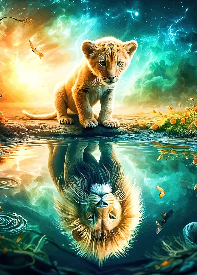 Lion Cub Reflection as a Majestic Lion