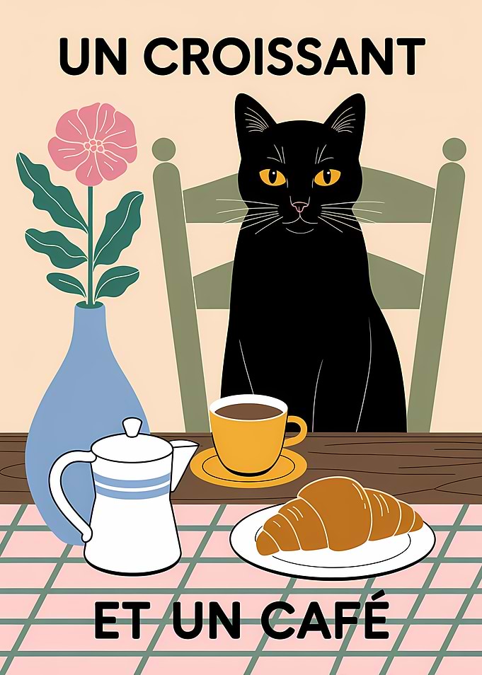 Black Cat with Croissant and Coffee