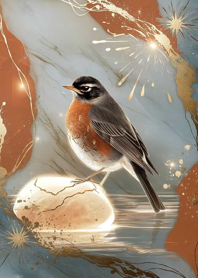American Robin Perched on a Glowing Stone