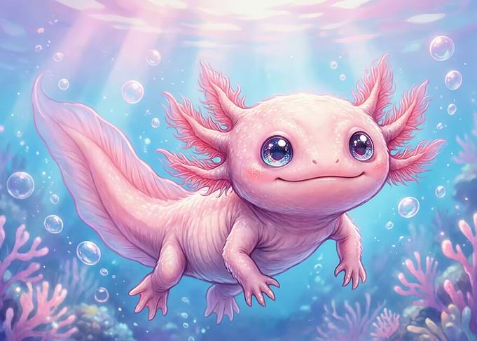 Cute Pink Axolotl Underwater