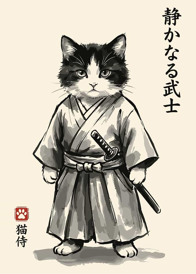 Samurai Cat Poster, Japanese Ink Style Cat Art Print, Traditional Warrior Wall Decor