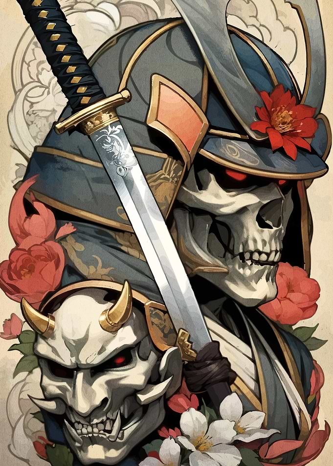 Samurai Skeleton with Oni Mask and Flowers