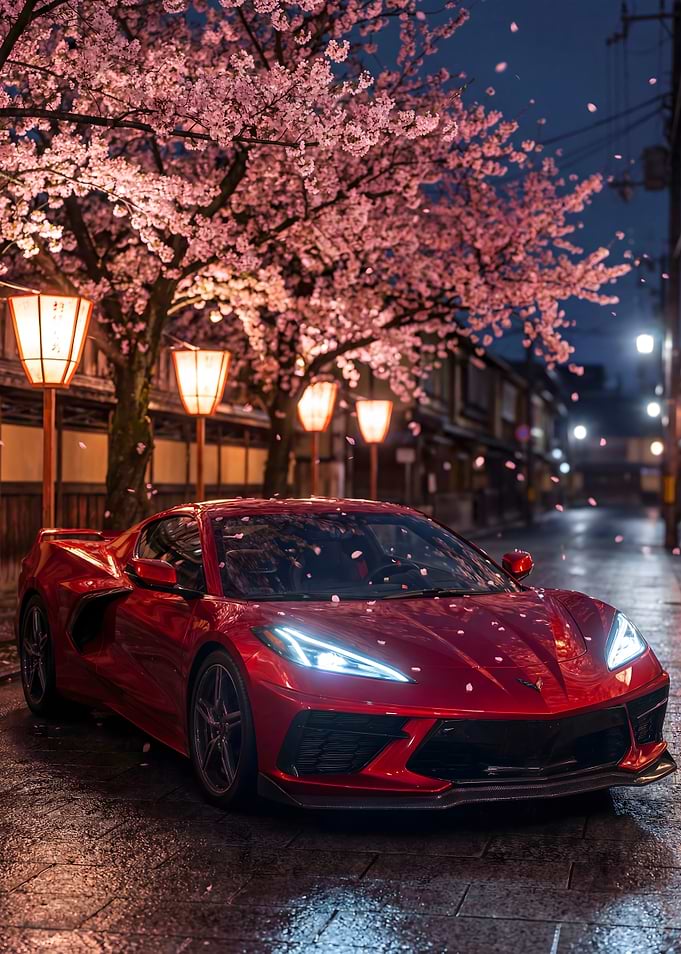 Red Corvette Under Cherry Blossoms