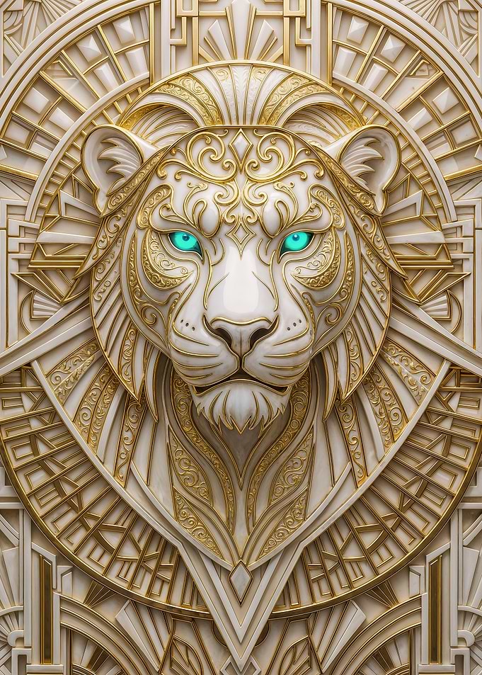 Majestic White Lion with Gold Art Deco Geometry – Luxury Animal Wall Art