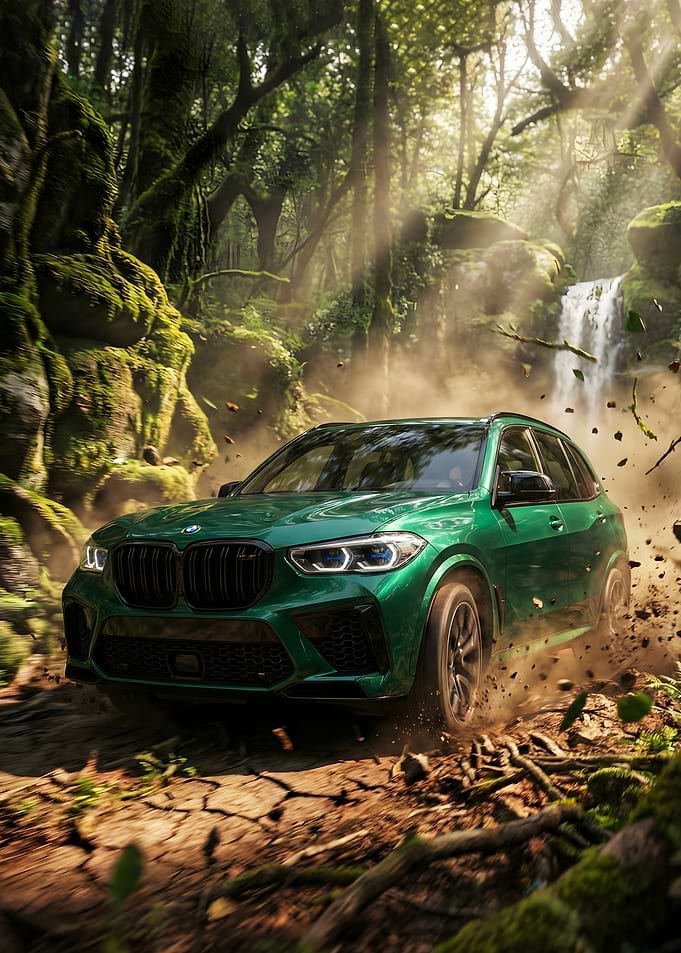 Green BMW X5 M Competition driving through a jungle