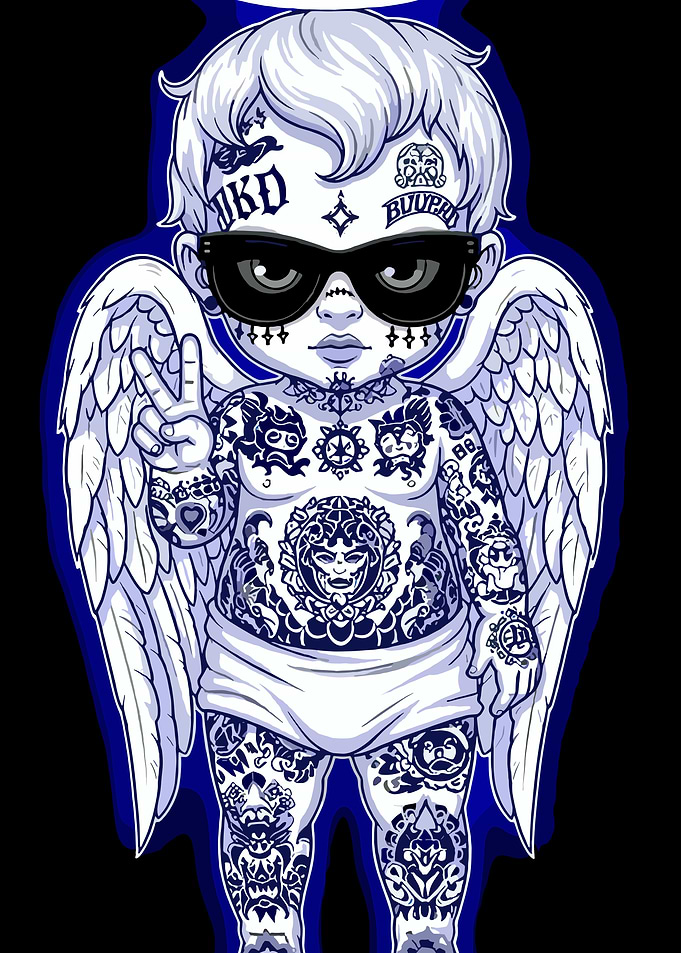 Tattooed Angel Baby with Sunglasses