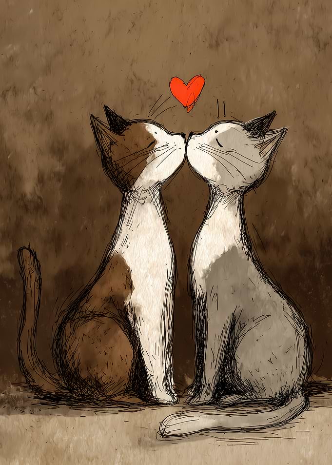 Two Cats Kissing with a Heart