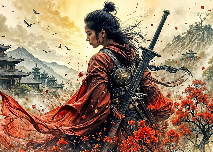 Samurai Warrior in Red Robes