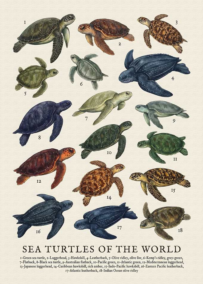 Sea Turtles of the World Illustration
