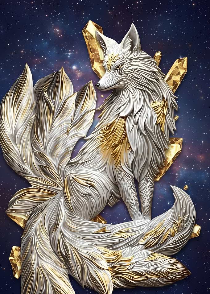 Nine-Tailed Fox with Crystals in Space