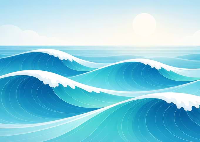 Stylized Ocean Waves Under a Sunny Sky