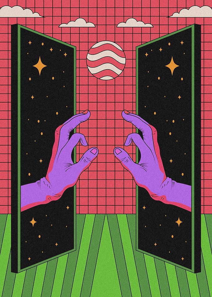 Surreal Cosmic Gateway with Hands