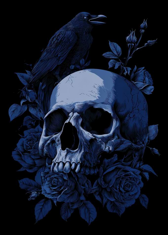 Gothic Skull with Raven and Roses