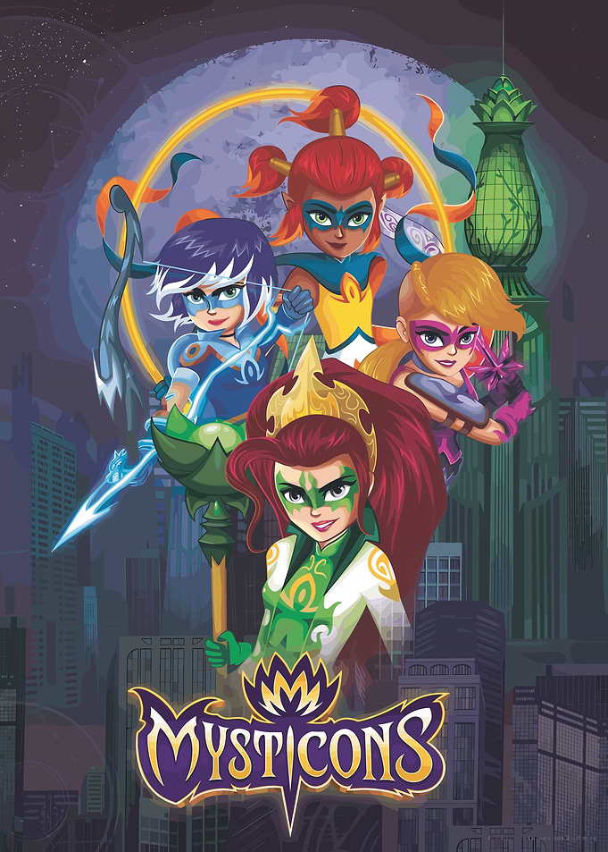 Mysticons characters in a city at night
