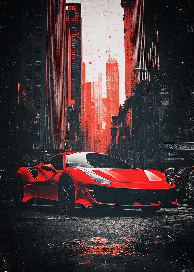 Red Ferrari in a Red City Poster