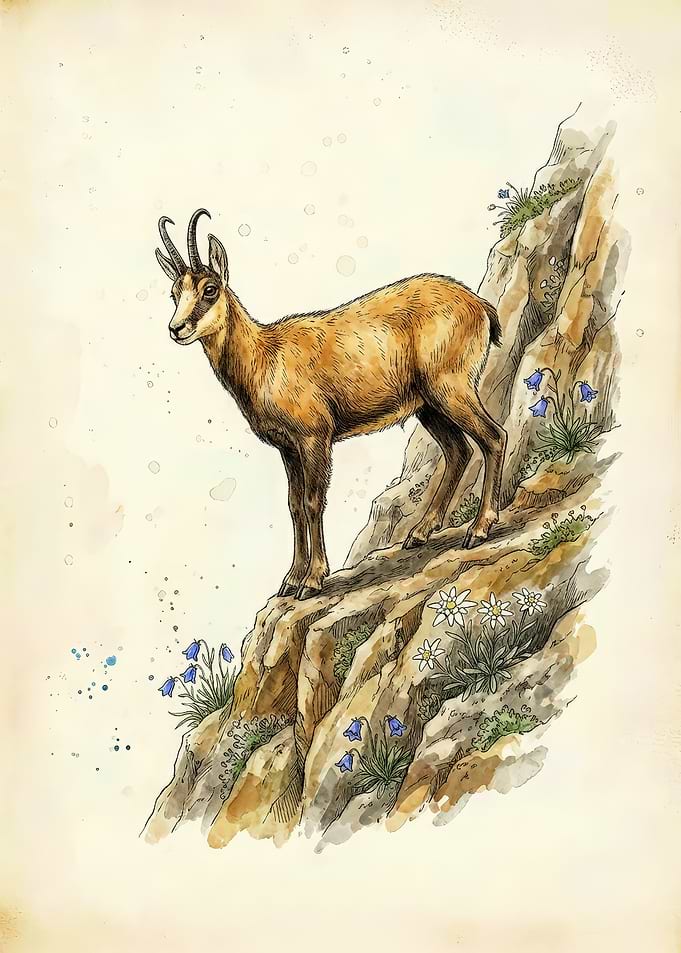 Alpine Chamois Watercolor Art - Swiss Alps Wildlife Field Guide Poster - Vintage Botanical Nursery Wall Decor