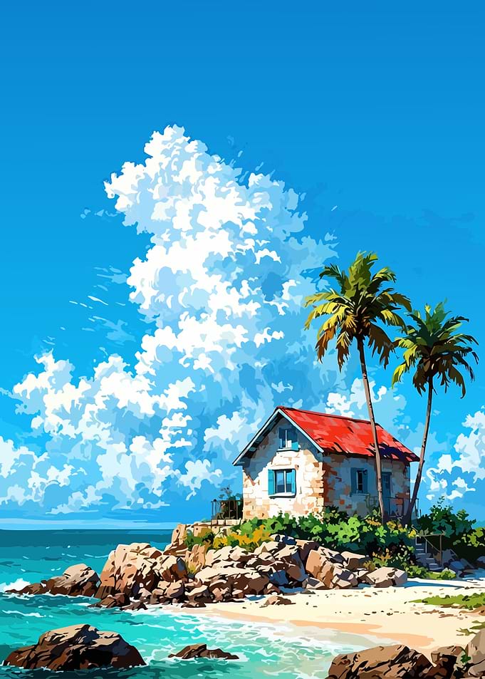 Tropical Beach House with Palm Trees