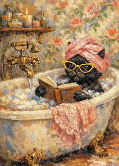 Black Cat Reading in a classic Bathtub
