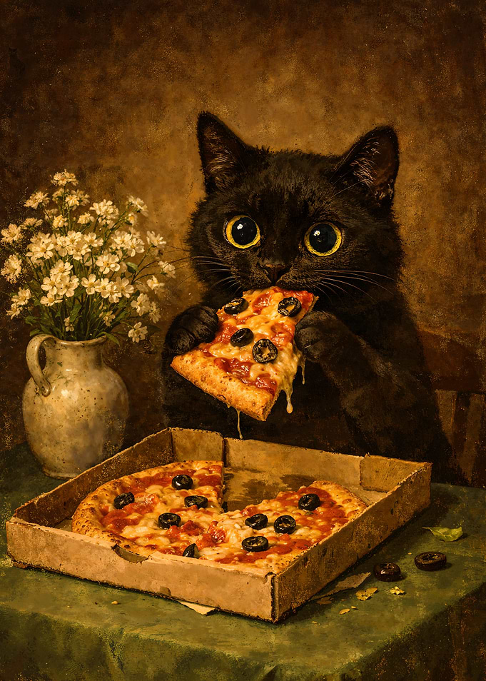 Vintage Black Cat Eating Pizza