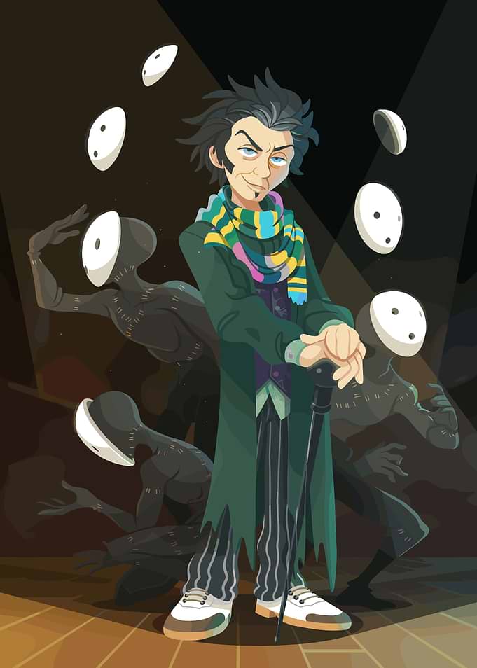 Man with cane and floating masks
