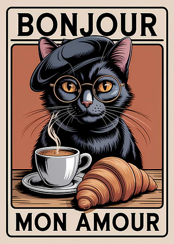 Bonjour Mon Amour Cat with Coffee and Croissant