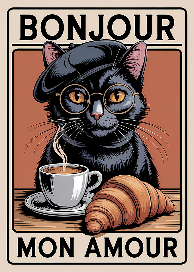 Bonjour Mon Amour Cat with Coffee and Croissant