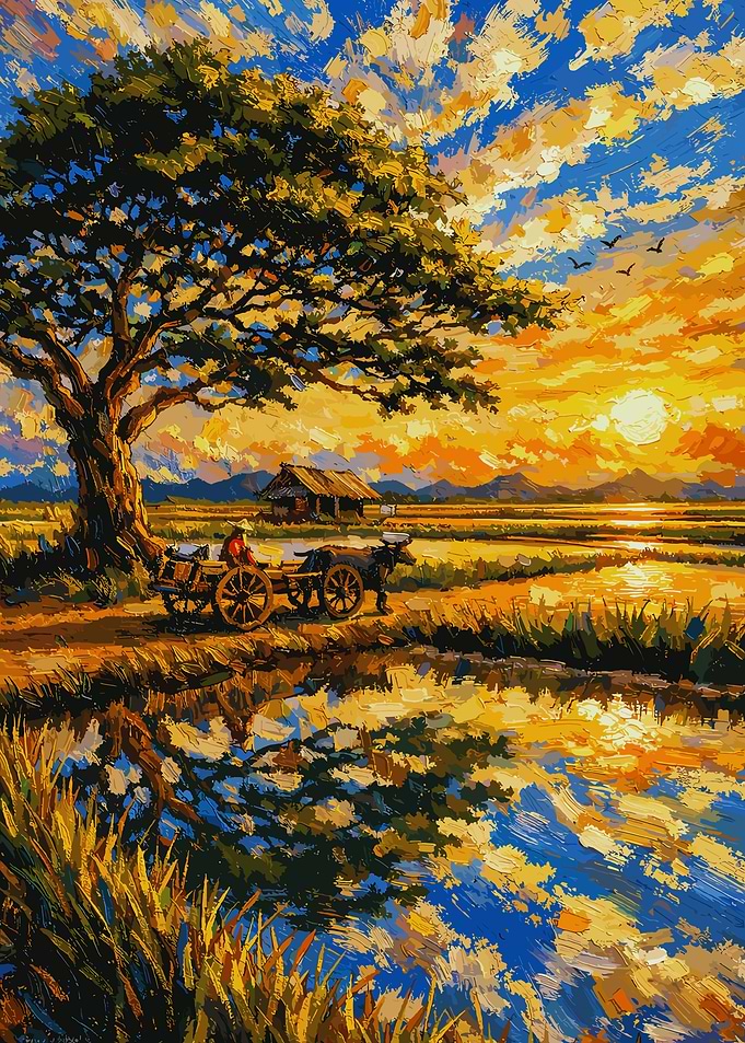 Sunset over a rice paddy with a farmer and cart