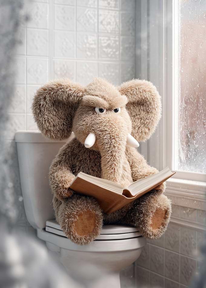 Plush Elephant Reading on Toilet