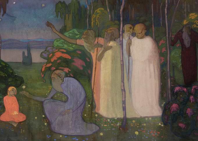 Mystical figures in a moonlit forest
