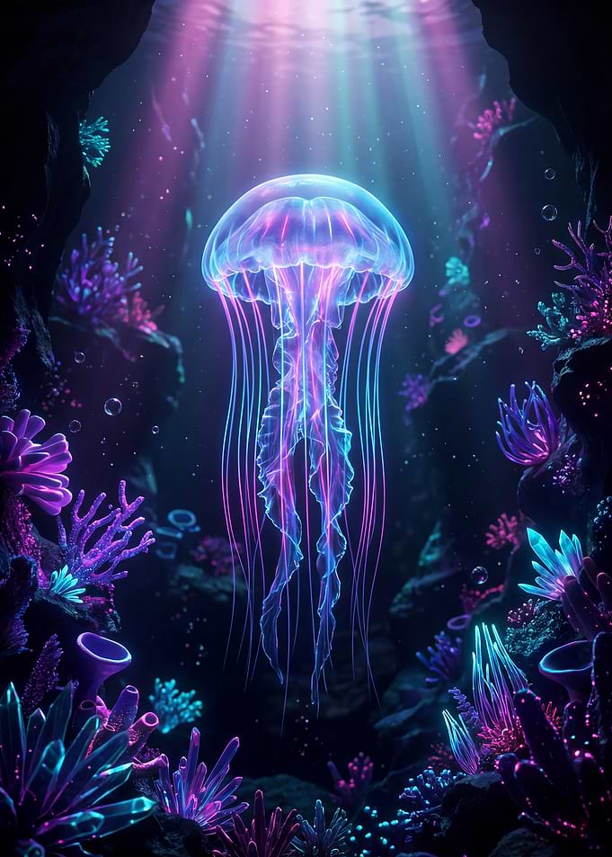 Bioluminescent Jellyfish in Coral Reef