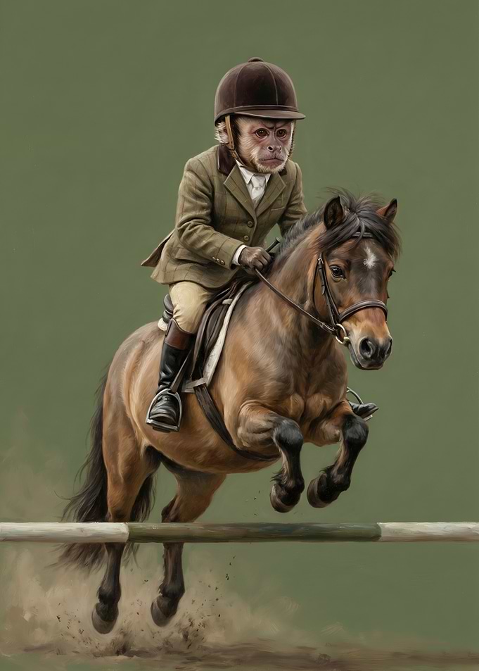 Monkey Rider Jumps Horse