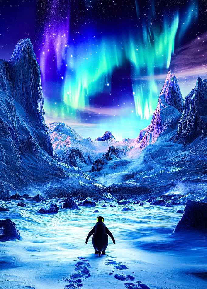 Penguin Under Aurora Borealis