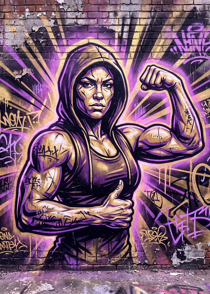 Graffiti of a muscular woman flexing