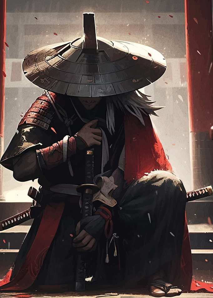 Samurai Warrior Kneeling with Swords