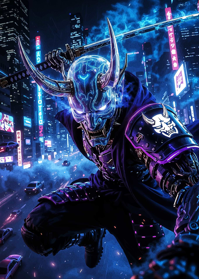 Cyberpunk Oni Warrior in Neon City