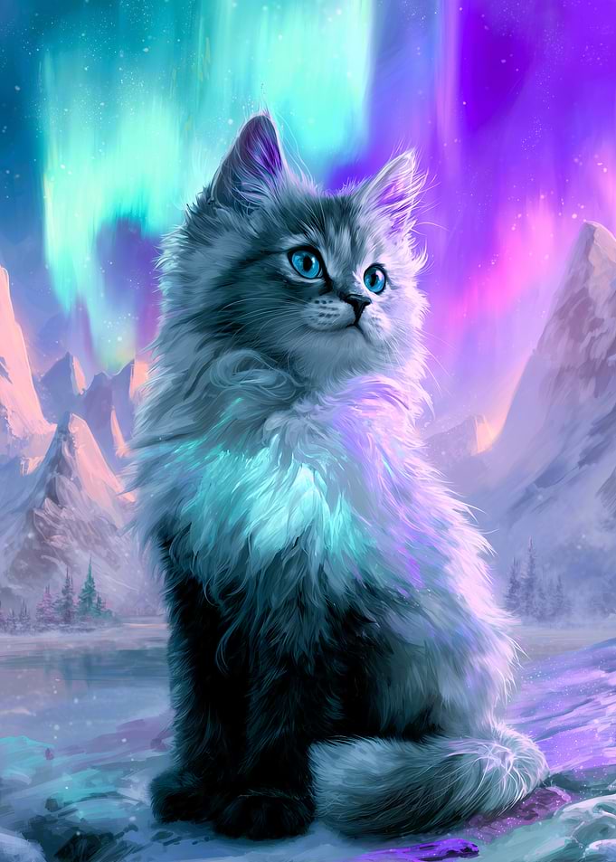 Fluffy Cat Under Aurora Borealis