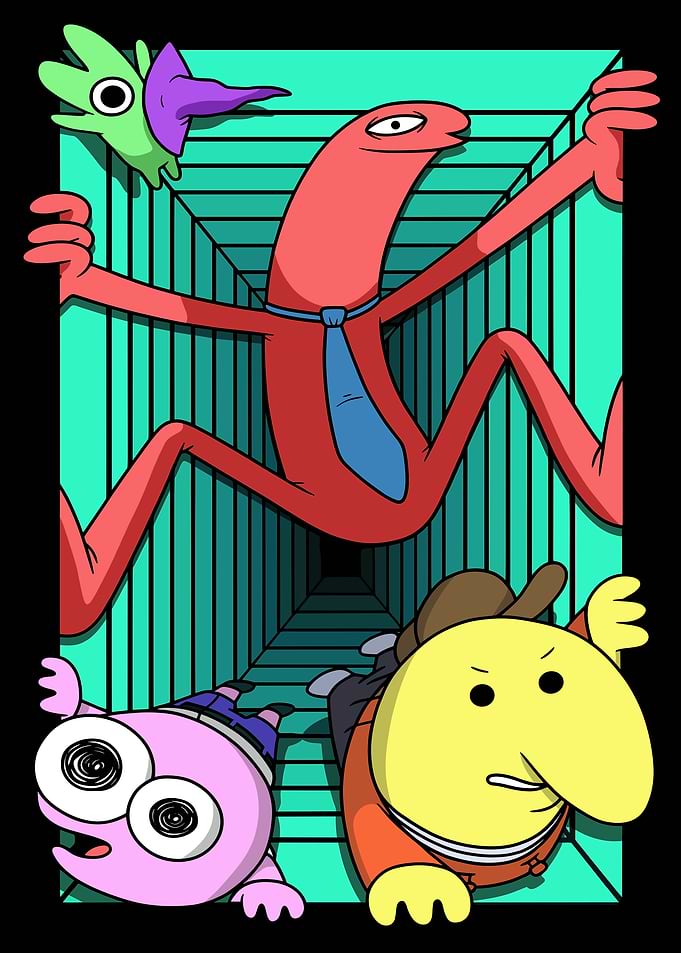 Cartoon characters in a surreal hallway