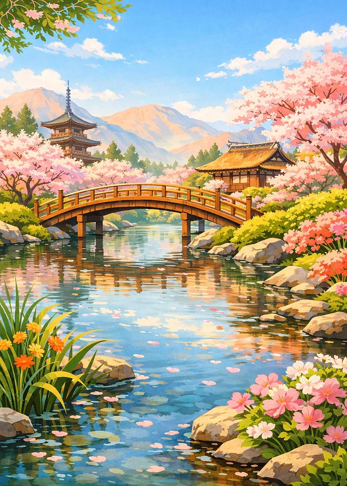 Serene Japanese Garden with Cherry Blossoms