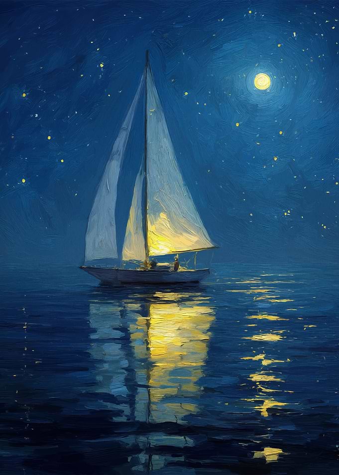Sailboat under a starry night sky